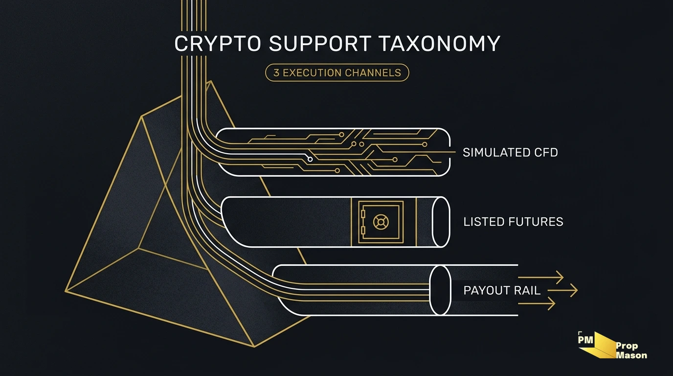 Crypto prop firms taxonomy showing simulated CFD markets, listed futures, and payout channels