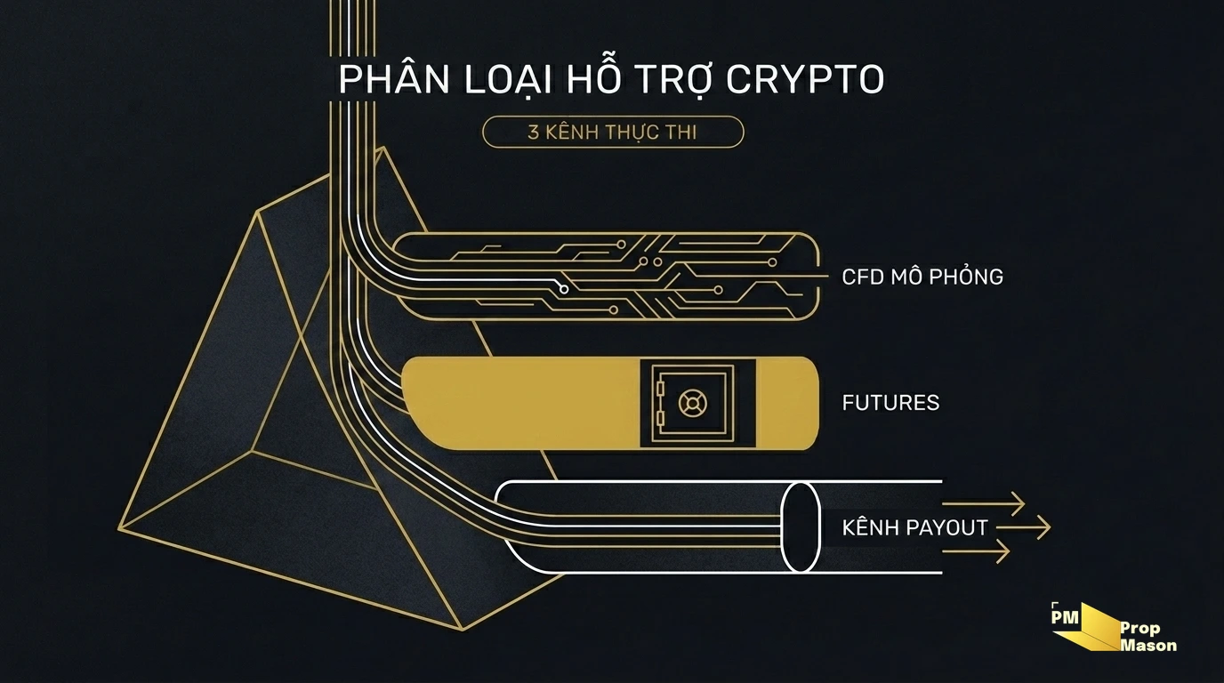 Phân loại crypto prop firms gồm hợp đồng CFD mô phỏng, futures niêm yết và kênh payout