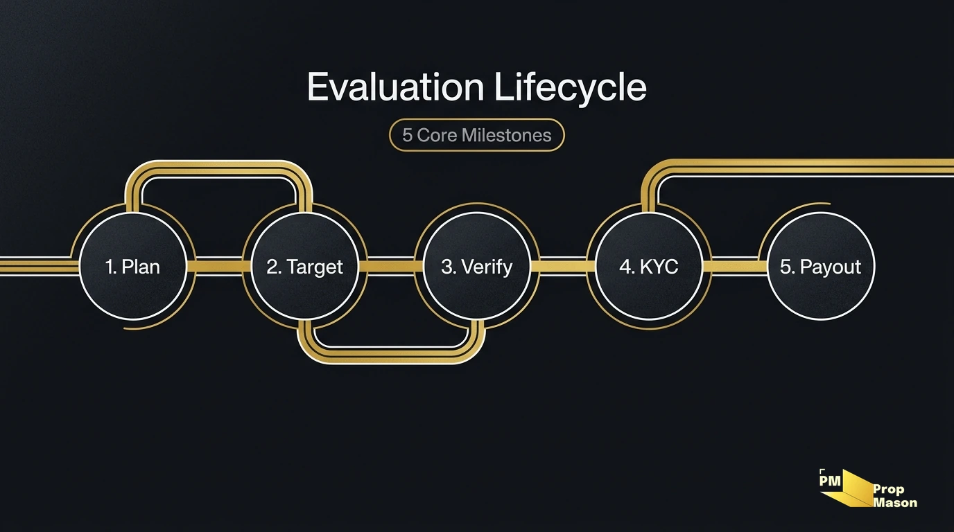 Numbered steps of a typical prop firm evaluation: choose plan, evaluation phase, verification, funded account