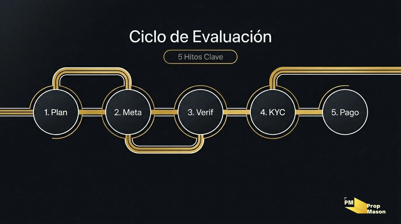 Flujo de una evaluación de prop firm: plan, evaluación, verificación y cuenta funded