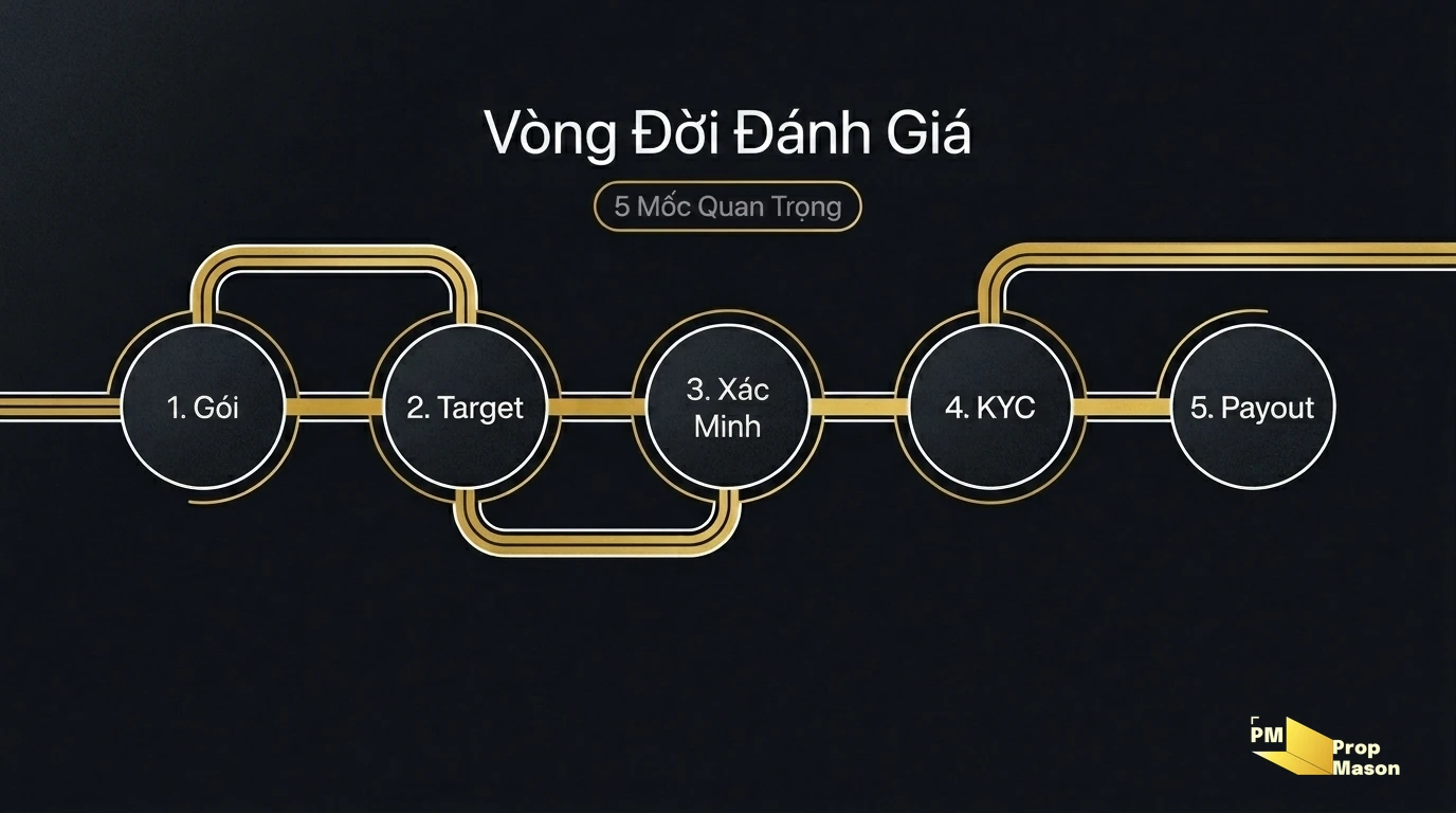 Các bước của một prop firm evaluation: chọn gói, đánh giá, xác minh, funded