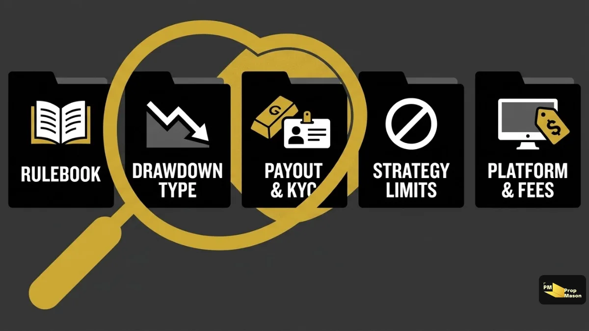 Five things to check before choosing a prop firm: rulebook, drawdown, payout and KYC, strategy limits, platform and fees