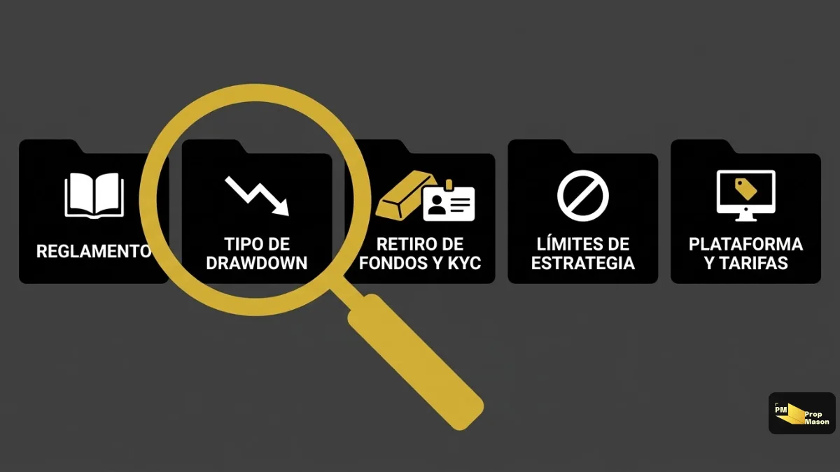 Cinco puntos que revisar antes de elegir una prop firm: reglamento, drawdown, payout y KYC, límites de estrategia, plataforma y tarifas
