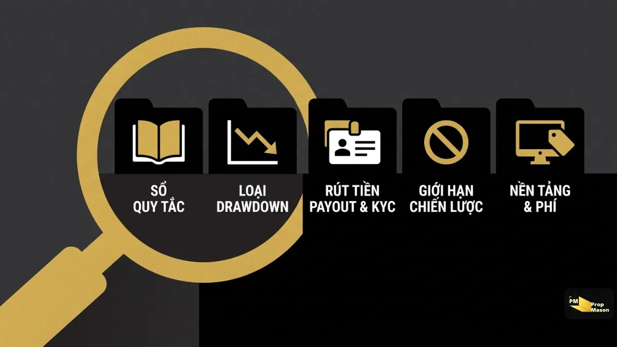 Năm điều cần kiểm trước khi chọn prop firm: sổ quy tắc, drawdown, payout và KYC, giới hạn chiến lược, nền tảng và phí