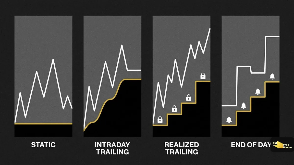 Four drawdown floor models: static, intraday trailing, realized trailing and end of day