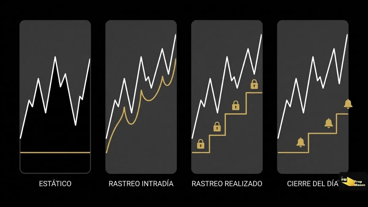 Cuatro modelos de suelo de drawdown: estático, trailing intradía, trailing realizado y fin de día