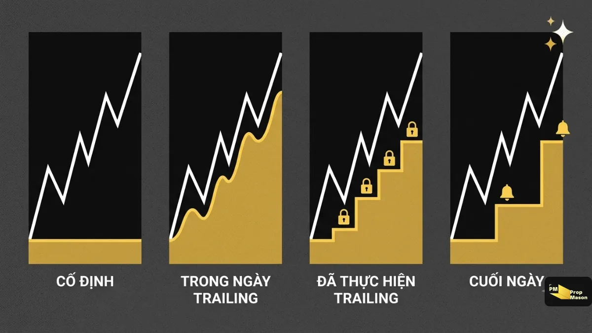 Bốn kiểu mức sàn drawdown: cố định, trailing trong phiên, trailing theo lệnh đã đóng và cuối ngày