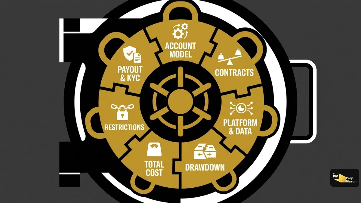 Seven fields to verify before paying for a futures prop firm, shown as a vault lock
