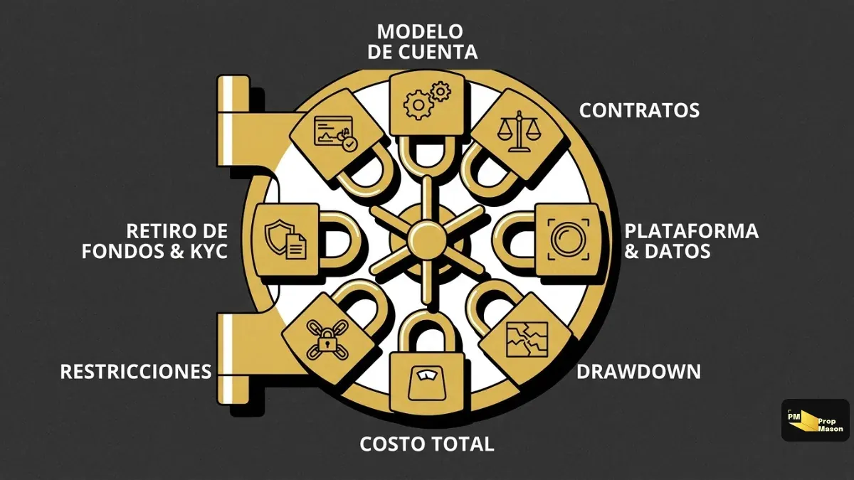 Siete campos a verificar antes de pagar una prop firm de futuros, como una cerradura de caja fuerte