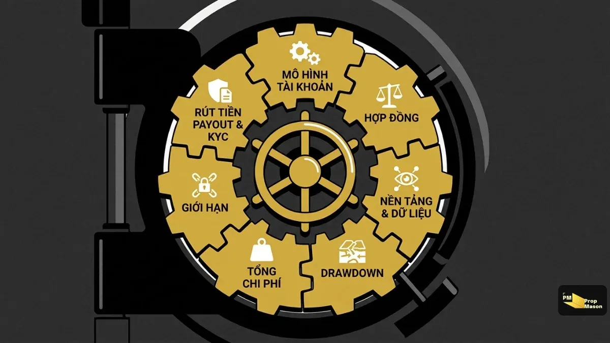 Bảy mục cần kiểm trước khi trả phí prop firm futures, minh hoạ bằng ổ khoá két