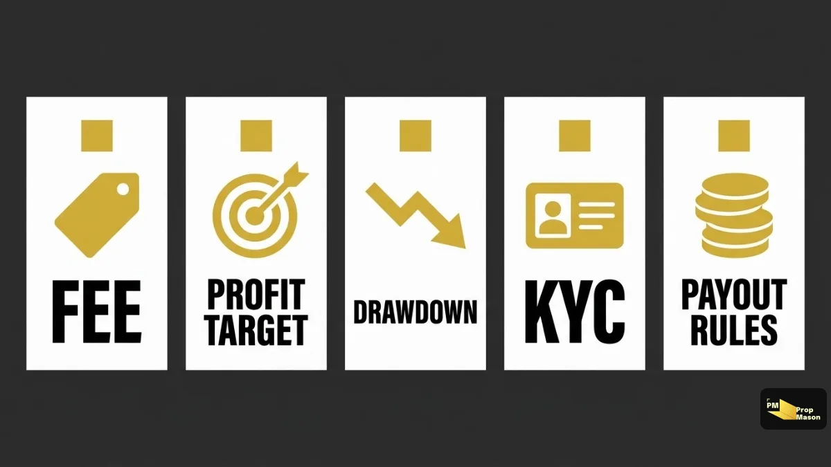 Five things to check before paying for a prop firm evaluation: fee, profit target, drawdown, KYC and payout rules