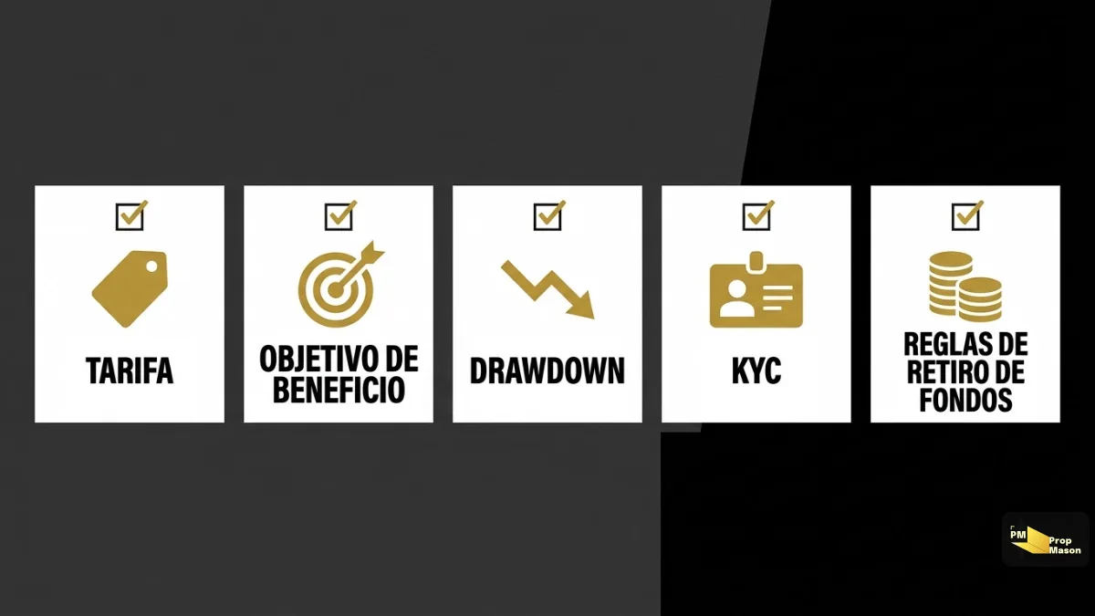 Cinco cosas que revisar antes de pagar una evaluación: tarifa, objetivo de beneficio, drawdown, KYC y reglas de payout