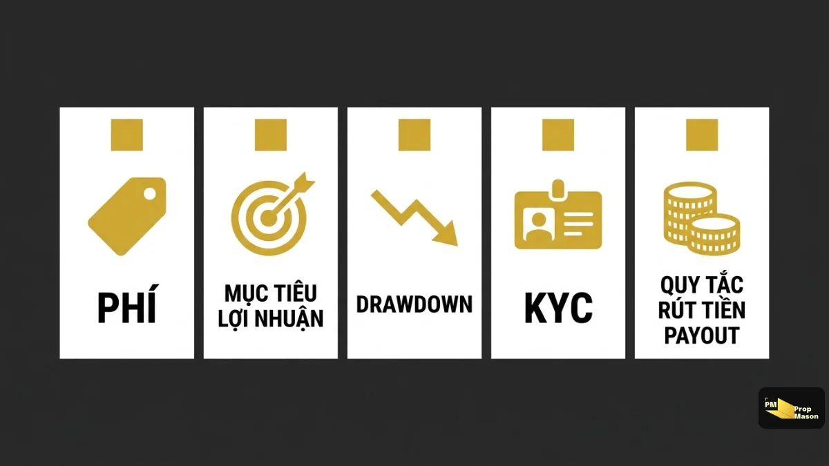 Năm điều cần kiểm tra trước khi trả tiền evaluation: phí, mục tiêu lợi nhuận, drawdown, KYC và quy tắc payout