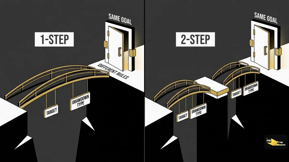 One-step and two-step challenges compared as one long bridge and two shorter bridges