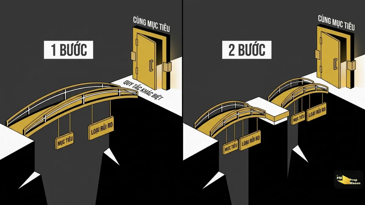 Challenge 1 bước và 2 bước so sánh như một cây cầu dài và hai cây cầu ngắn