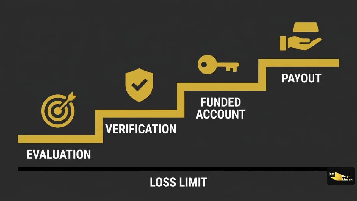 The prop firm path as four steps: evaluation, verification, funded account and payout, above the loss limit
