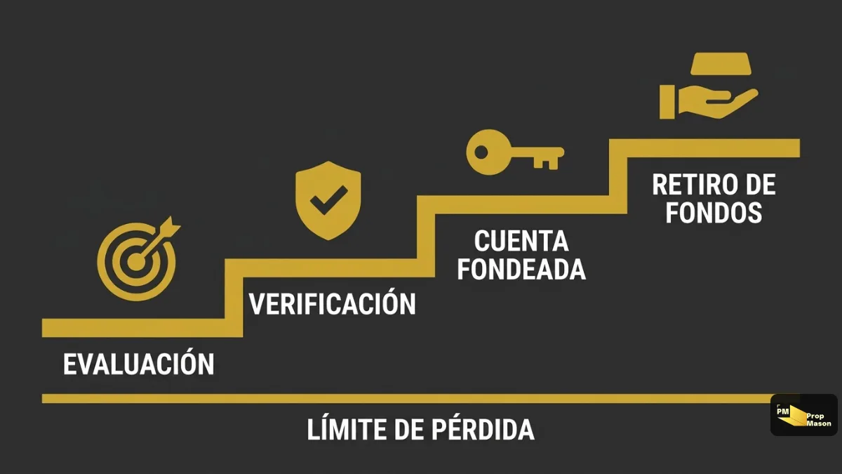 El camino en una prop firm en cuatro escalones: evaluación, verificación, cuenta funded y payout, sobre el límite de pérdida