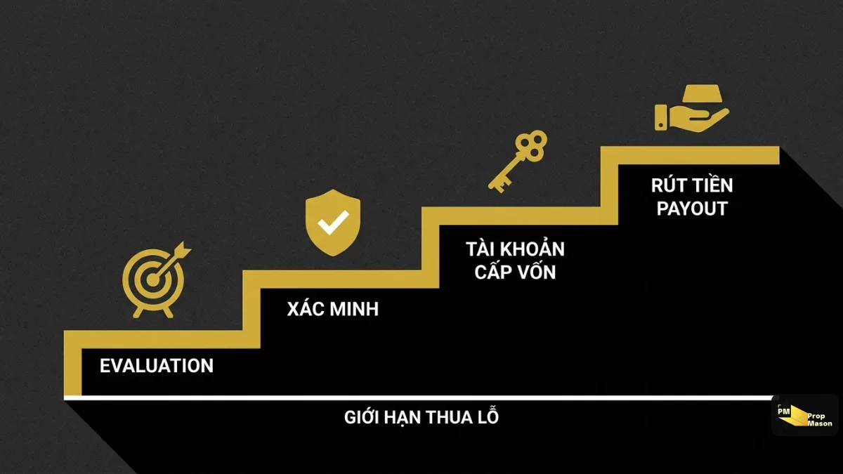 Lộ trình prop firm gồm bốn bậc: đánh giá, xác minh, tài khoản funded và payout, trên mức giới hạn lỗ