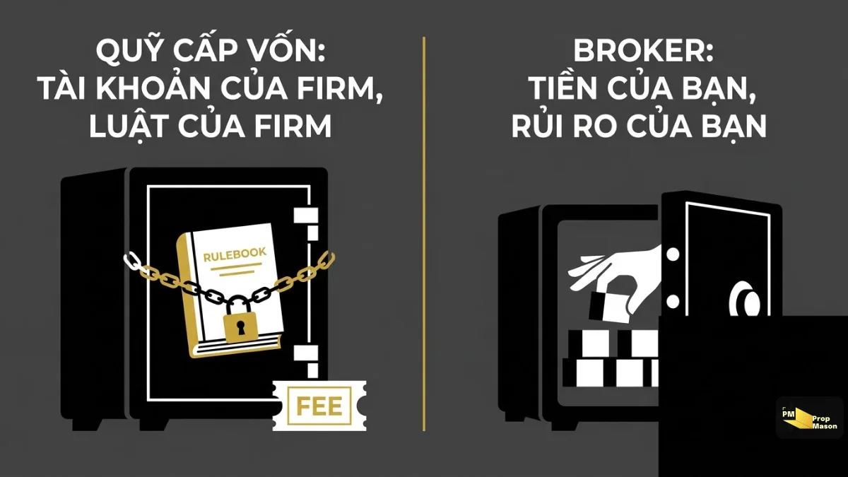 Tài khoản prop firm và tài khoản broker: tiền của ai và luật của ai