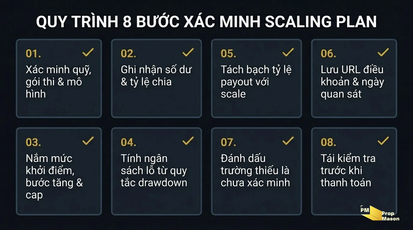 Quy trình 8 bước xác minh scaling plan prop firm trước khi tin con số quảng cáo