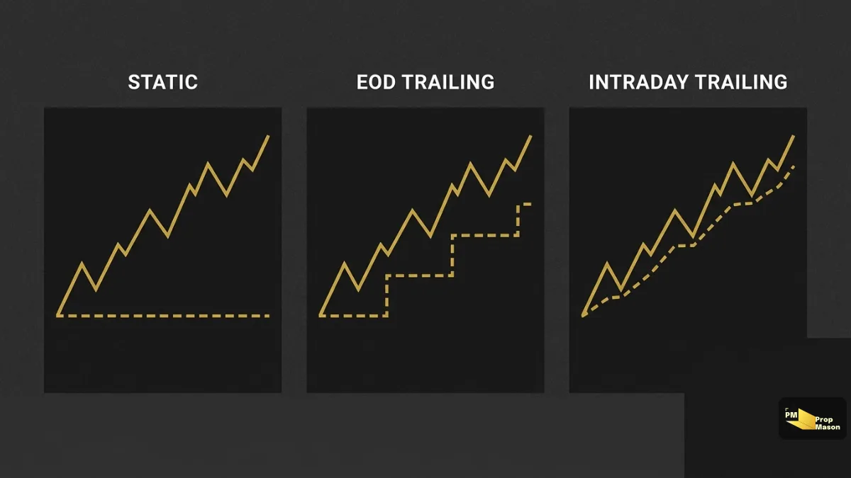 Drawdown estático, trailing al cierre (EOD) y trailing intradía: cómo se mueve el límite de pérdida en cada modelo