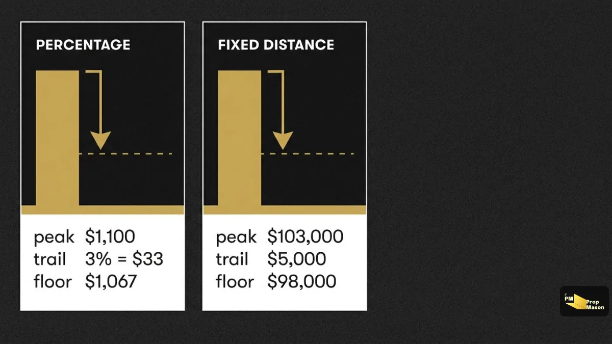 Dos fórmulas de trailing drawdown: el 3% de un máximo de $1,100 deja el límite en $1,067; una distancia fija de $5,000 desde $103,000 lo deja en $98,000