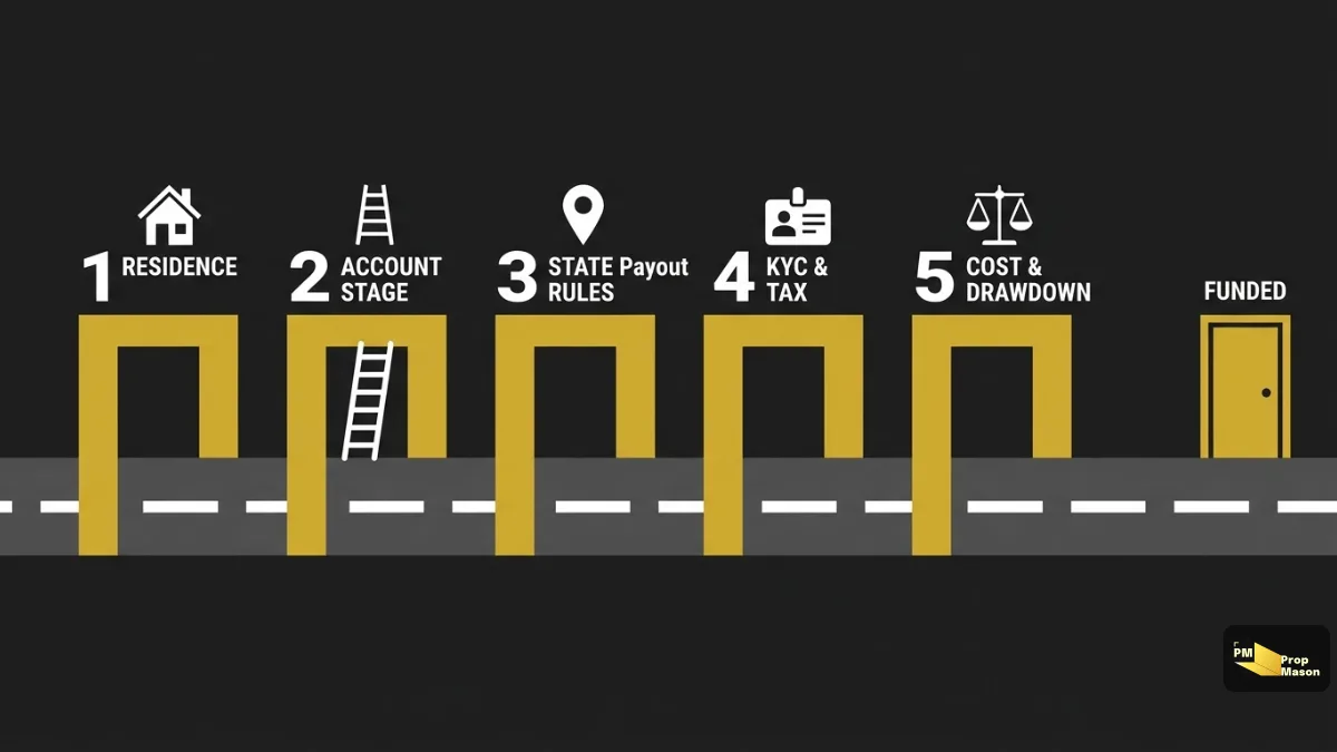 Five checks for US traders: residence, account stage, state payout rules, tax, cost