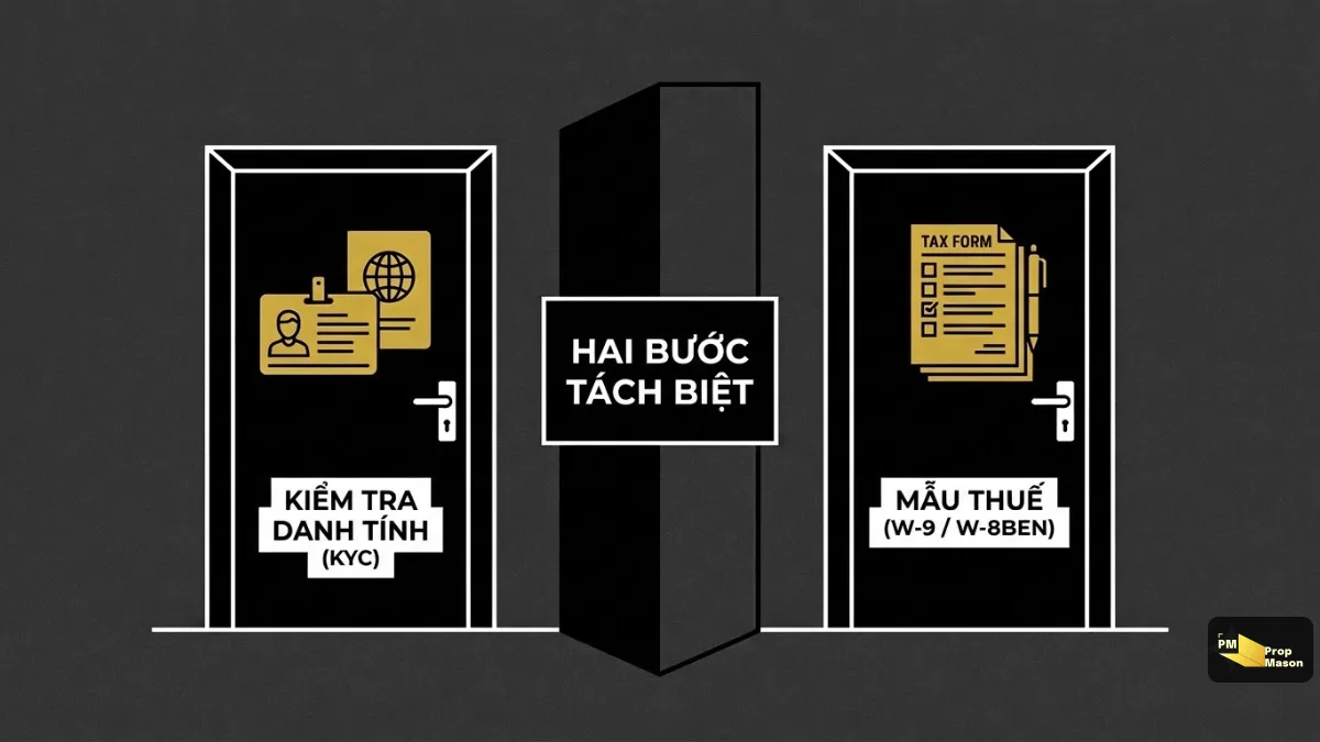 Xác minh danh tính và mẫu thuế Mỹ là hai bước riêng với trader prop firm